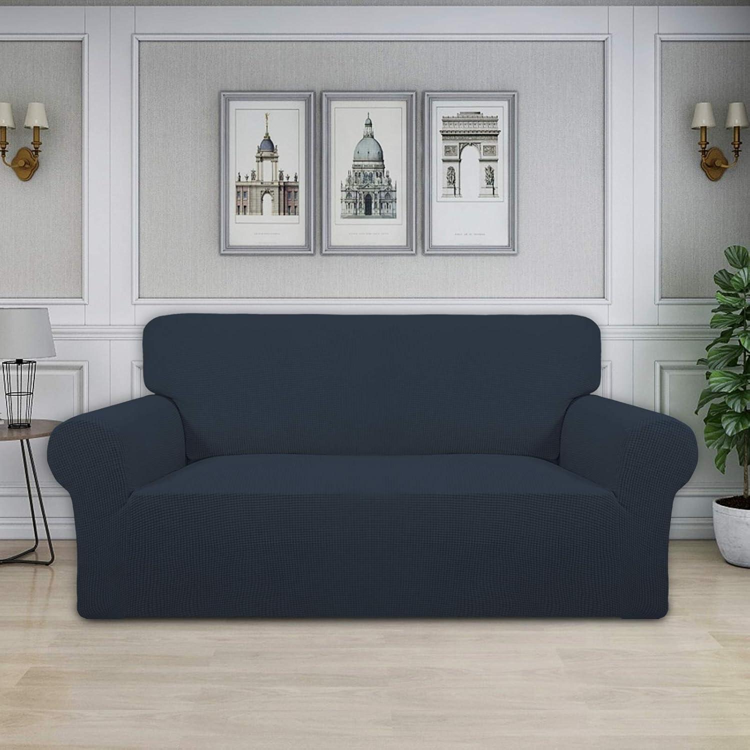 image:imageEasyGoing Stretch Sofa Slipcover 1Piece Sofa Cover Furniture Protector Couch Soft with Elastic Bottom for Kids Polyester Spandex Jacquard Fabric Small Checks Sofa Dark GrayDark Blue