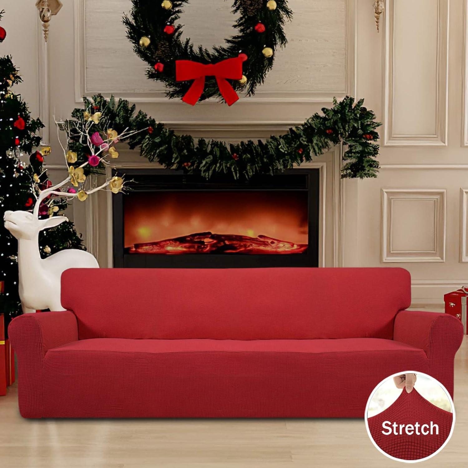 image:imageEasyGoing Stretch Sofa Slipcover 1Piece Sofa Cover Furniture Protector Couch Soft with Elastic Bottom for Kids Polyester Spandex Jacquard Fabric Small Checks Sofa Dark GrayChristmas Red