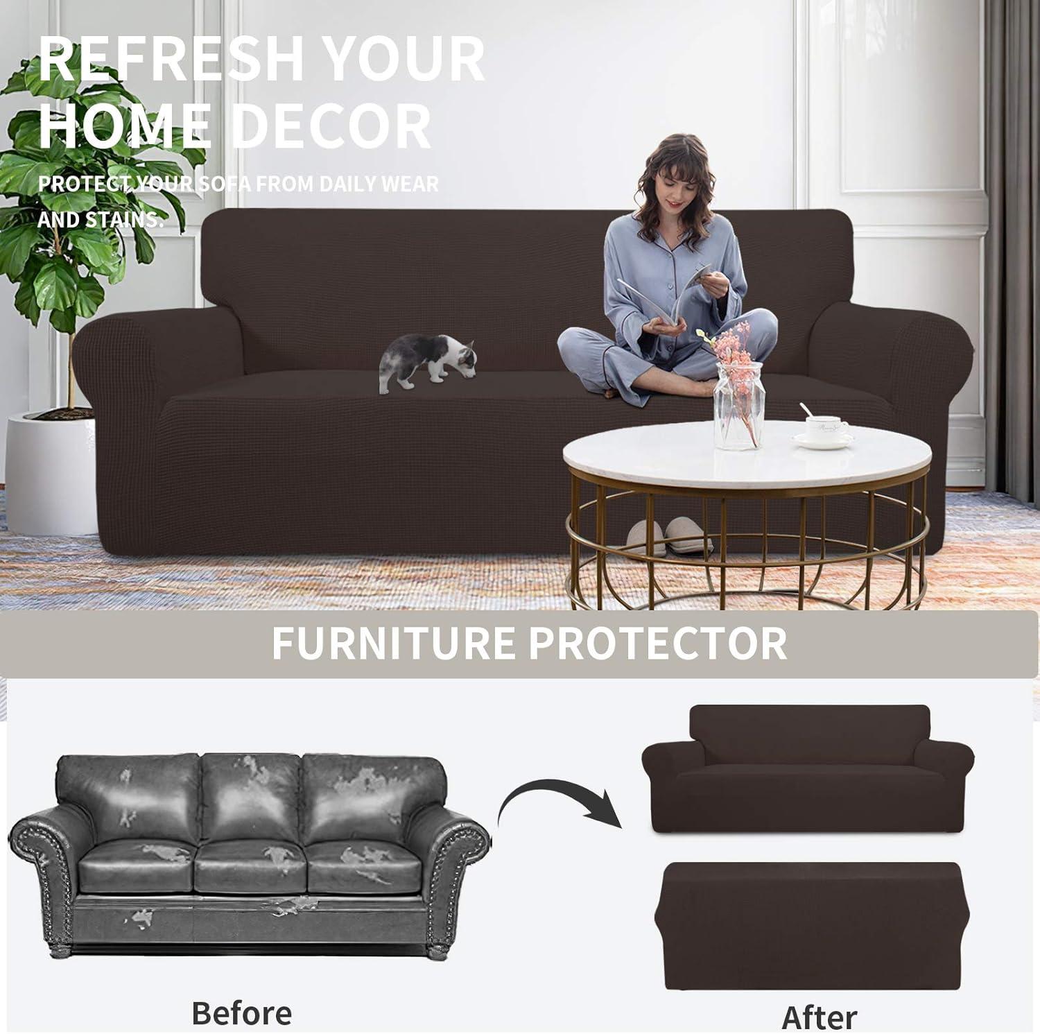 image:imageEasyGoing Stretch Sofa Slipcover 1Piece Sofa Cover Furniture Protector Couch Soft with Elastic Bottom for Kids Polyester Spandex Jacquard Fabric Small Checks Sofa Dark GrayChocolate
