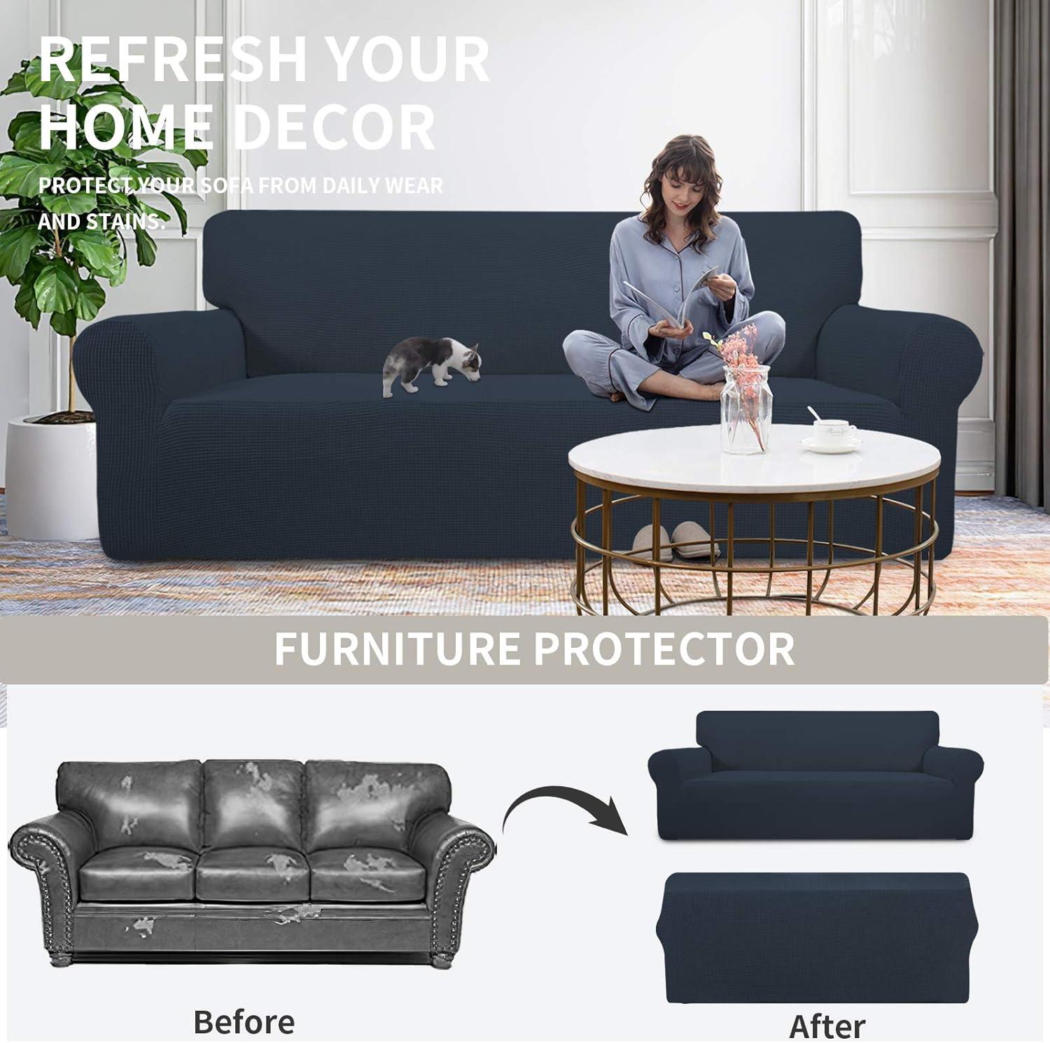 image:imageEasyGoing Stretch Sofa Slipcover 1Piece Sofa Cover Furniture Protector Couch Soft with Elastic Bottom for Kids Polyester Spandex Jacquard Fabric Small Checks Sofa Dark GrayDark Blue