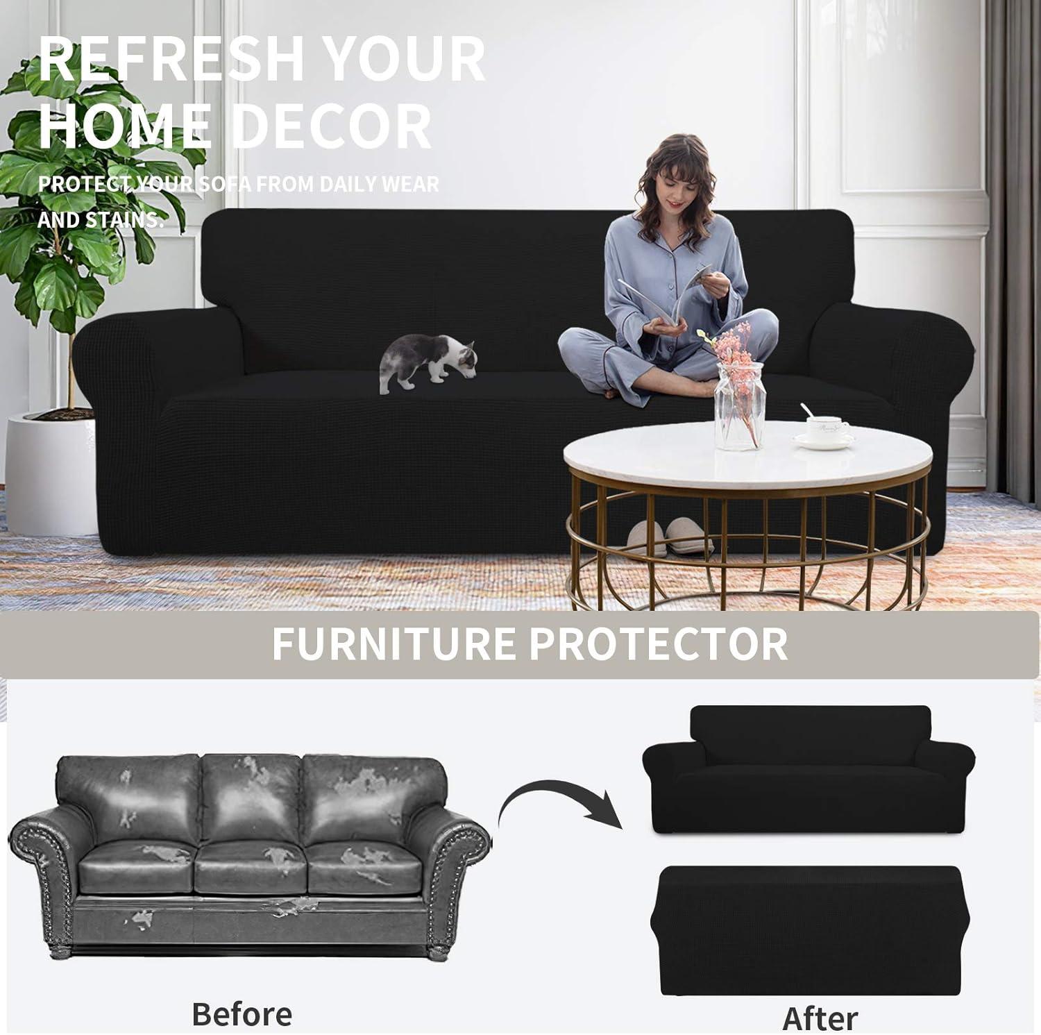 image:imageEasyGoing Stretch Sofa Slipcover 1Piece Sofa Cover Furniture Protector Couch Soft with Elastic Bottom for Kids Polyester Spandex Jacquard Fabric Small Checks Sofa Dark GrayBlack