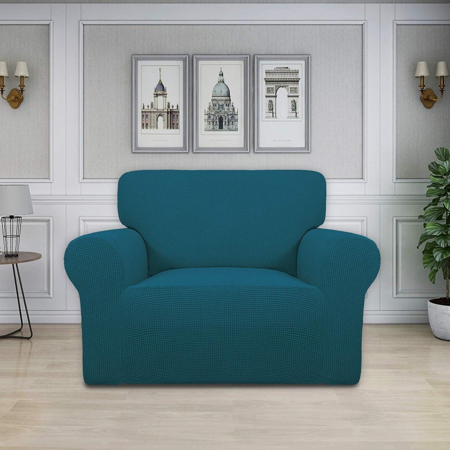 image:imageEasyGoing Stretch Sofa Slipcover 1Piece Sofa Cover Furniture Protector Couch Soft with Elastic Bottom for Kids Polyester Spandex Jacquard Fabric Small Checks Sofa Dark GrayPeacock Blue