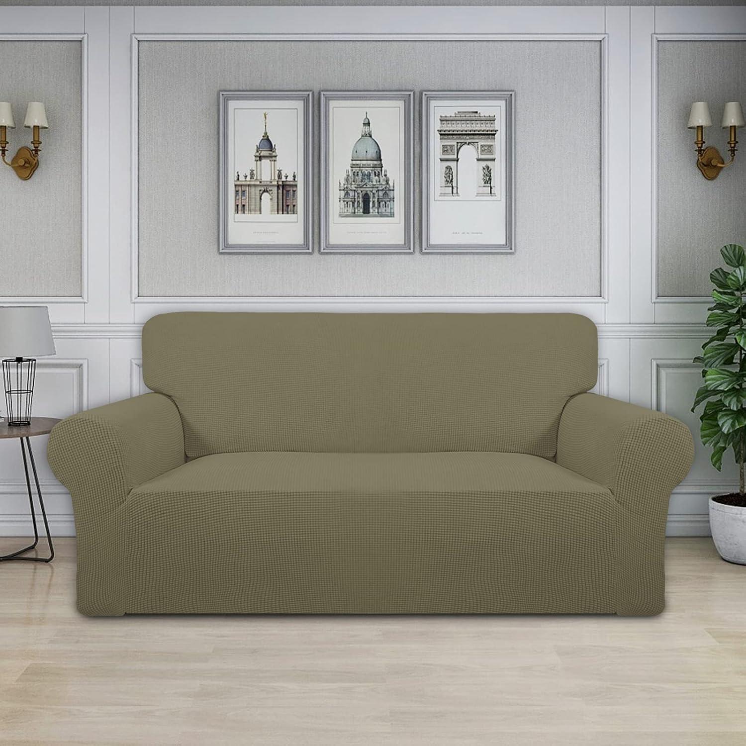 image:imageEasyGoing Stretch Sofa Slipcover 1Piece Sofa Cover Furniture Protector Couch Soft with Elastic Bottom for Kids Polyester Spandex Jacquard Fabric Small Checks Sofa Dark GrayKhaki