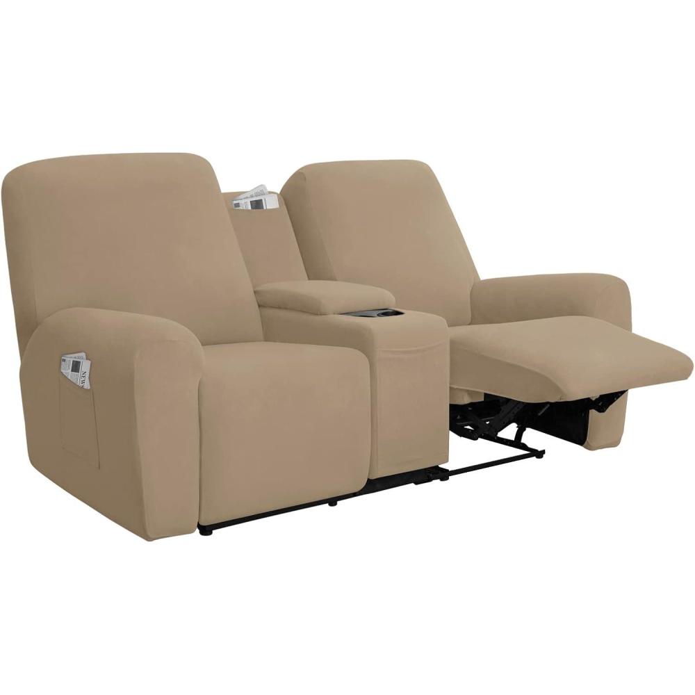 image:imageEasyGoing Stretch Recliner Loveseat Cover with Center Console Sofa Slipcover Soft Fitted Fleece 2 Seats Couch with Holder and Storage Washable Furniture Protector ChocolateCamel