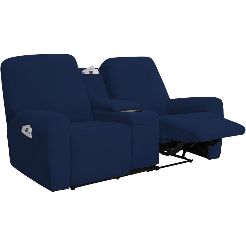 image:imageEasyGoing Stretch Recliner Loveseat Cover with Center Console Sofa Slipcover Soft Fitted Fleece 2 Seats Couch with Holder and Storage Washable Furniture Protector ChocolateNavy