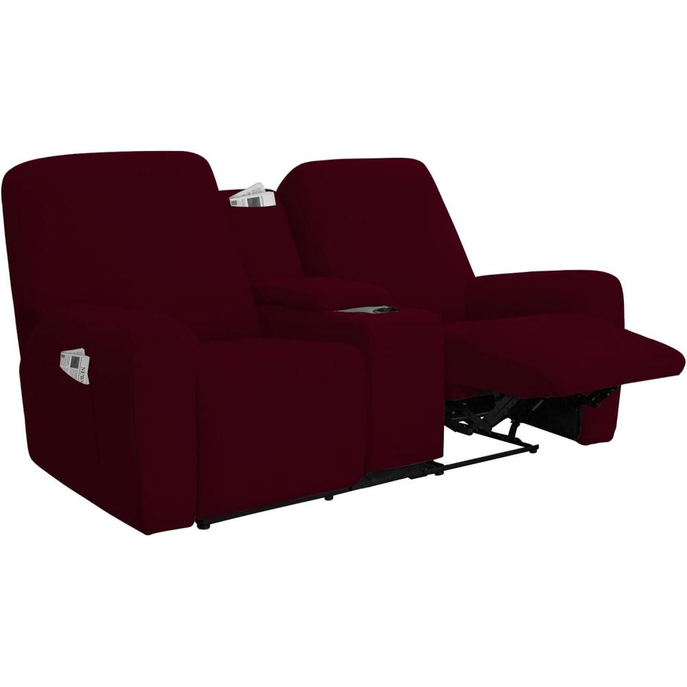 image:imageEasyGoing Stretch Recliner Loveseat Cover with Center Console Sofa Slipcover Soft Fitted Fleece 2 Seats Couch with Holder and Storage Washable Furniture Protector ChocolateWine