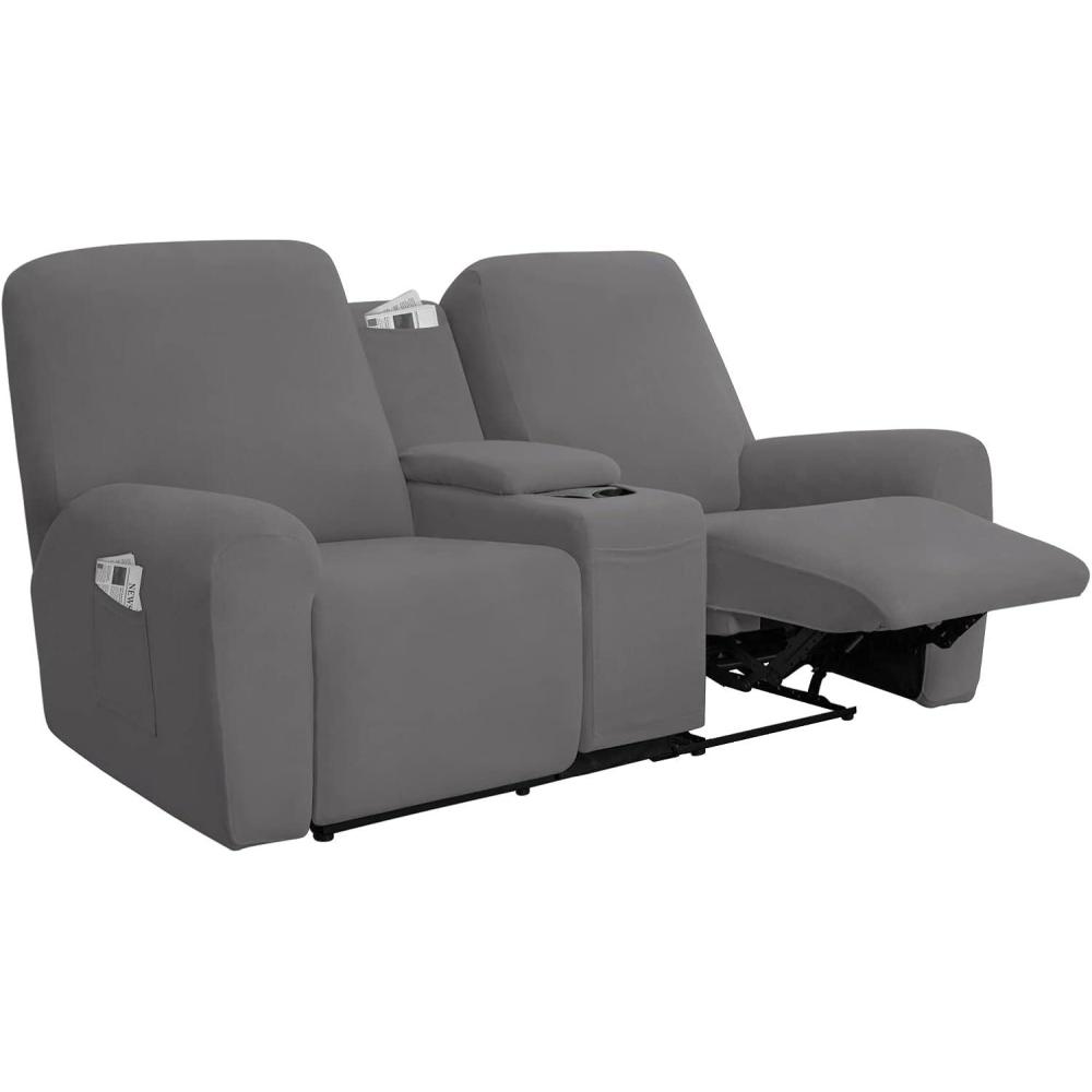 image:imageEasyGoing Stretch Recliner Loveseat Cover with Center Console Sofa Slipcover Soft Fitted Fleece 2 Seats Couch with Holder and Storage Washable Furniture Protector ChocolateLight Gray