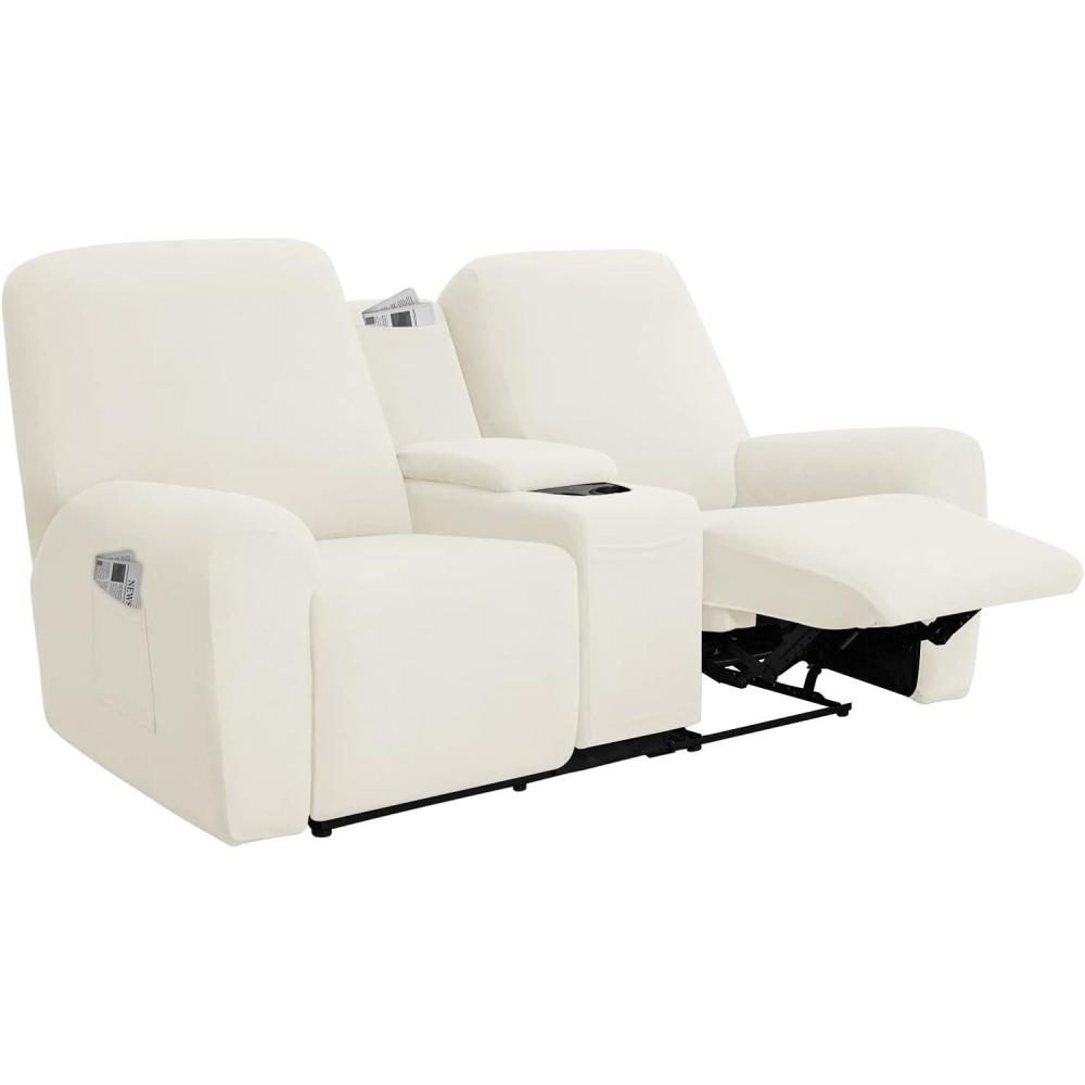 image:imageEasyGoing Stretch Recliner Loveseat Cover with Center Console Sofa Slipcover Soft Fitted Fleece 2 Seats Couch with Holder and Storage Washable Furniture Protector ChocolateIvory