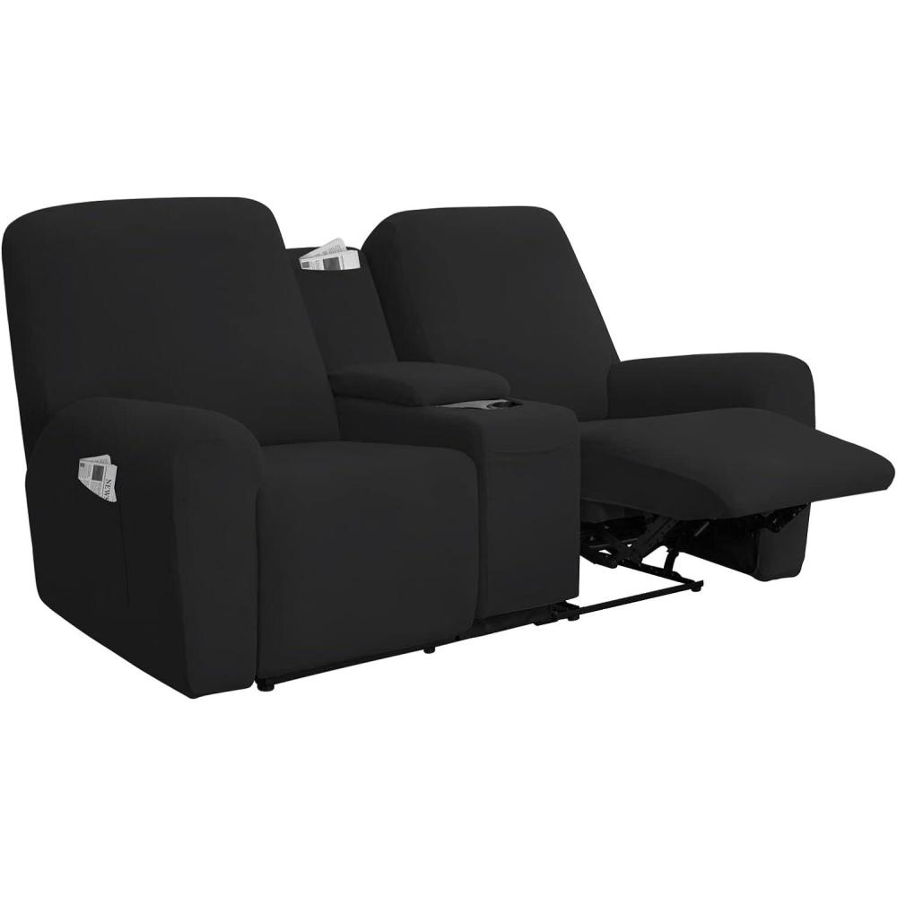 image:imageEasyGoing Stretch Recliner Loveseat Cover with Center Console Sofa Slipcover Soft Fitted Fleece 2 Seats Couch with Holder and Storage Washable Furniture Protector ChocolateBlack