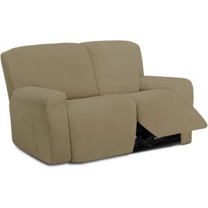 Easy-Going 8 Pieces Microfiber Stretch Sectional Recliner Sofa Slipcover Soft Fitted Fleece 3 Seats Couch Cover Washable Furniture Protector with Elasticity for Kids Pet(Recliner Sofa, Chocolate)(Dark Linen)