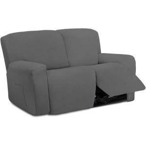 Easy-Going 8 Pieces Microfiber Stretch Sectional Recliner Sofa Slipcover Soft Fitted Fleece 3 Seats Couch Cover Washable Furniture Protector with Elasticity for Kids Pet(Recliner Sofa, Chocolate)(Grey)