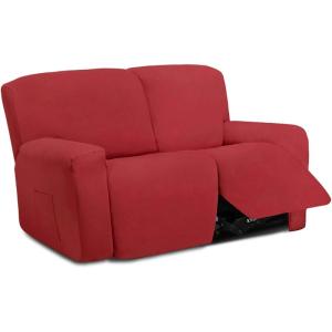 Easy-Going 8 Pieces Microfiber Stretch Sectional Recliner Sofa Slipcover Soft Fitted Fleece 3 Seats Couch Cover Washable Furniture Protector with Elasticity for Kids Pet(Recliner Sofa, Chocolate)(Christmas Red)