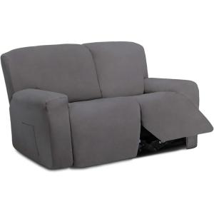 Easy-Going 8 Pieces Microfiber Stretch Sectional Recliner Sofa Slipcover Soft Fitted Fleece 3 Seats Couch Cover Washable Furniture Protector with Elasticity for Kids Pet(Recliner Sofa, Chocolate)(Light Gray)