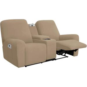 Easy-Going Stretch Recliner Loveseat Cover with Center Console Sofa Slipcover Soft Fitted Fleece 2 Seats Couch with Holder and Storage Washable Furniture Protector Chocolate(Camel)