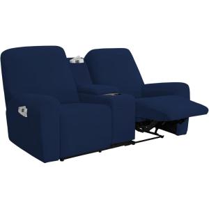 Easy-Going Stretch Recliner Loveseat Cover with Center Console Sofa Slipcover Soft Fitted Fleece 2 Seats Couch with Holder and Storage Washable Furniture Protector Chocolate(Navy)