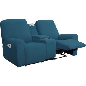 Easy-Going Stretch Recliner Loveseat Cover with Center Console Sofa Slipcover Soft Fitted Fleece 2 Seats Couch with Holder and Storage Washable Furniture Protector Chocolate(Peacock Blue)