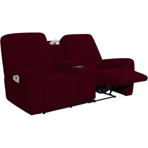 Easy-Going Stretch Recliner Loveseat Cover with Center Console Sofa Slipcover Soft Fitted Fleece 2 Seats Couch with Holder and Storage Washable Furniture Protector Chocolate(Wine)
