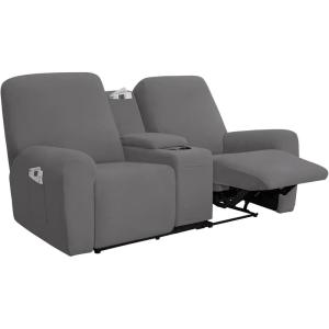 Easy-Going Stretch Recliner Loveseat Cover with Center Console Sofa Slipcover Soft Fitted Fleece 2 Seats Couch with Holder and Storage Washable Furniture Protector Chocolate(Light Gray)