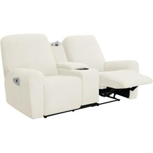 Easy-Going Stretch Recliner Loveseat Cover with Center Console Sofa Slipcover Soft Fitted Fleece 2 Seats Couch with Holder and Storage Washable Furniture Protector Chocolate(Ivory)