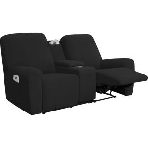 Easy-Going Stretch Recliner Loveseat Cover with Center Console Sofa Slipcover Soft Fitted Fleece 2 Seats Couch with Holder and Storage Washable Furniture Protector Chocolate(Black)