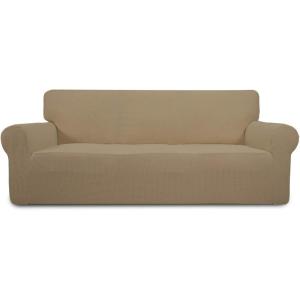 Easy-Going Stretch Sofa Slipcover 1-Piece Sofa Cover Furniture Protector Couch Soft with Elastic Bottom for Kids, Polyester Spandex Jacquard Fabric Small Checks (Sofa, Dark Gray)(Tan)