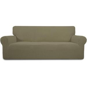 Easy-Going Stretch Sofa Slipcover 1-Piece Sofa Cover Furniture Protector Couch Soft with Elastic Bottom for Kids, Polyester Spandex Jacquard Fabric Small Checks (Sofa, Dark Gray)(Khaki)