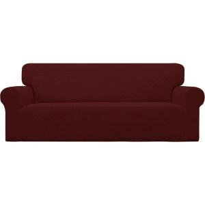 Easy-Going Stretch Sofa Slipcover 1-Piece Sofa Cover Furniture Protector Couch Soft with Elastic Bottom for Kids, Polyester Spandex Jacquard Fabric Small Checks (Sofa, Dark Gray)(Wine)