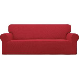 Easy-Going Stretch Sofa Slipcover 1-Piece Sofa Cover Furniture Protector Couch Soft with Elastic Bottom for Kids, Polyester Spandex Jacquard Fabric Small Checks (Sofa, Dark Gray)(Christmas Red)