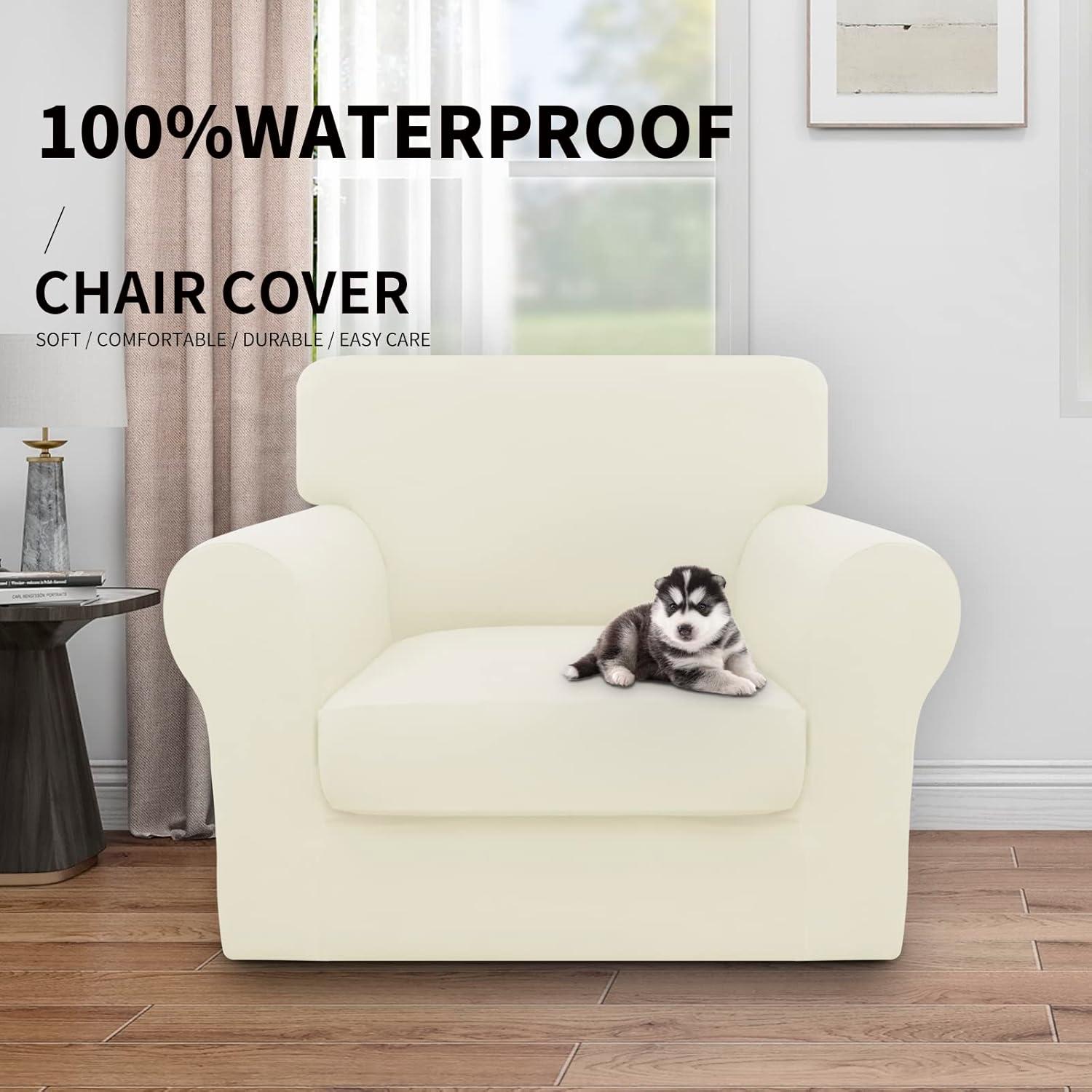 image:imageEasyGoing 100 Dual Waterproof 2 Pieces Chair Cover Stretch Soft Couch Cover for Dogs Sofa Slipcover for 1 Separate Cushion Couch Leakproof Furniture Protector for Kids Pets Dark GrayIvory