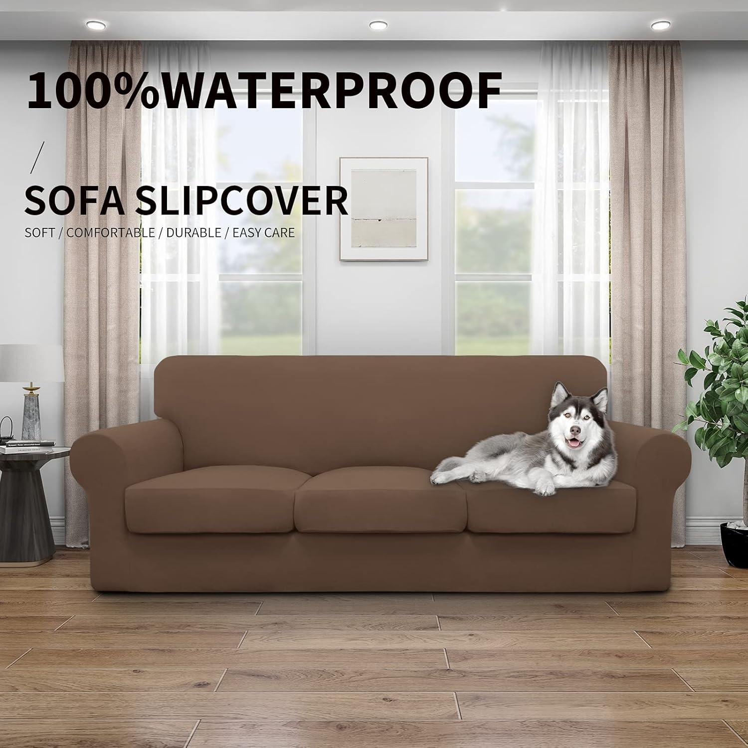 image:imageEasyGoing 100 Dual Waterproof 2 Pieces Chair Cover Stretch Soft Couch Cover for Dogs Sofa Slipcover for 1 Separate Cushion Couch Leakproof Furniture Protector for Kids Pets Dark GrayBrown