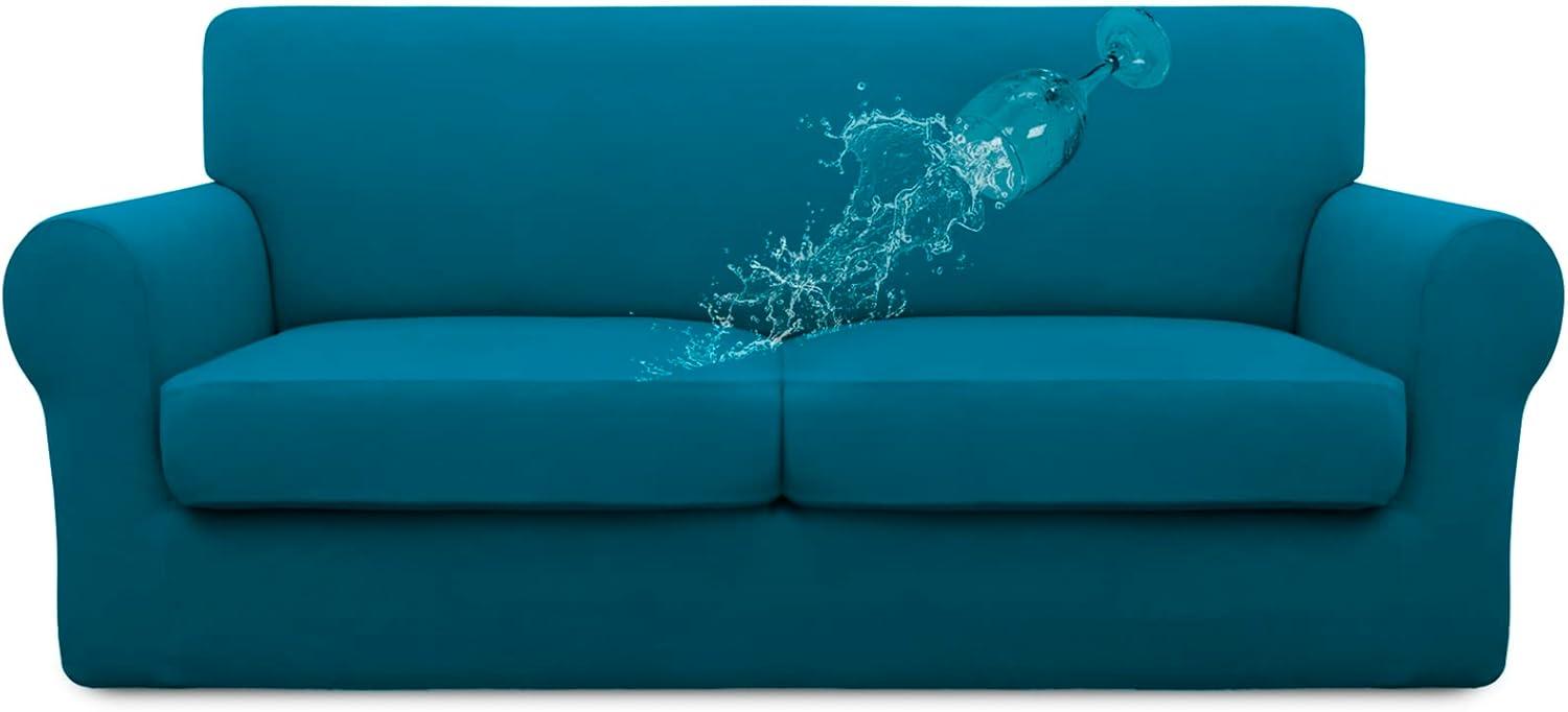image:imageEasyGoing 100 Dual Waterproof 2 Pieces Chair Cover Stretch Soft Couch Cover for Dogs Sofa Slipcover for 1 Separate Cushion Couch Leakproof Furniture Protector for Kids Pets Dark GrayPeacock Blue