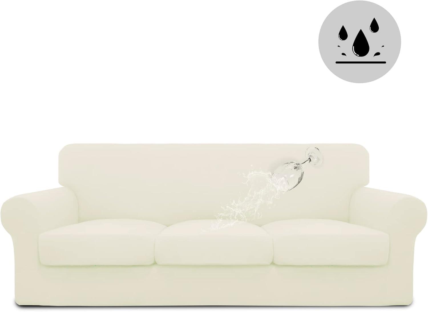 image:imageEasyGoing 100 Dual Waterproof 2 Pieces Chair Cover Stretch Soft Couch Cover for Dogs Sofa Slipcover for 1 Separate Cushion Couch Leakproof Furniture Protector for Kids Pets Dark GrayIvory