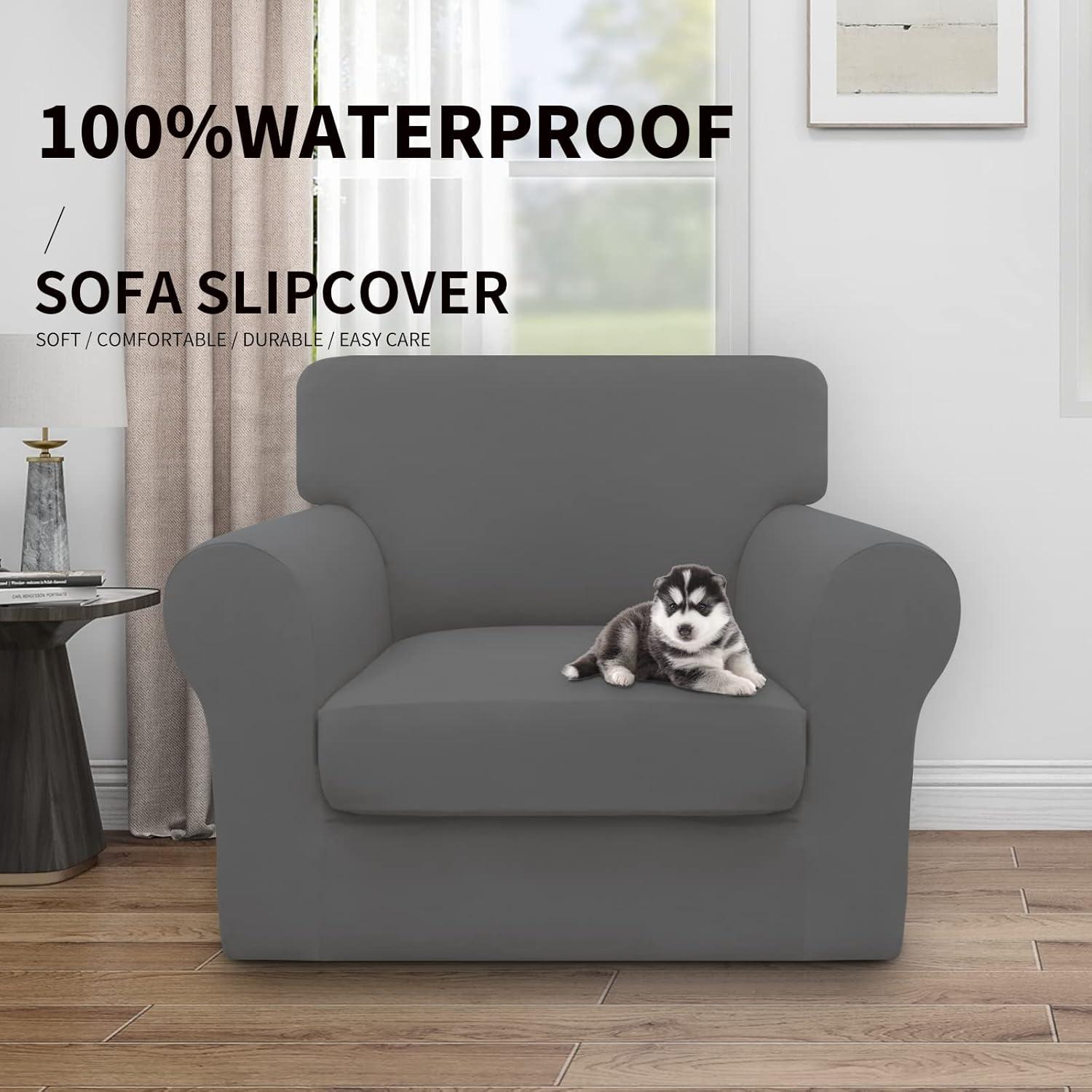 image:imageEasyGoing 100 Dual Waterproof 2 Pieces Chair Cover Stretch Soft Couch Cover for Dogs Sofa Slipcover for 1 Separate Cushion Couch Leakproof Furniture Protector for Kids Pets Dark GrayGrey