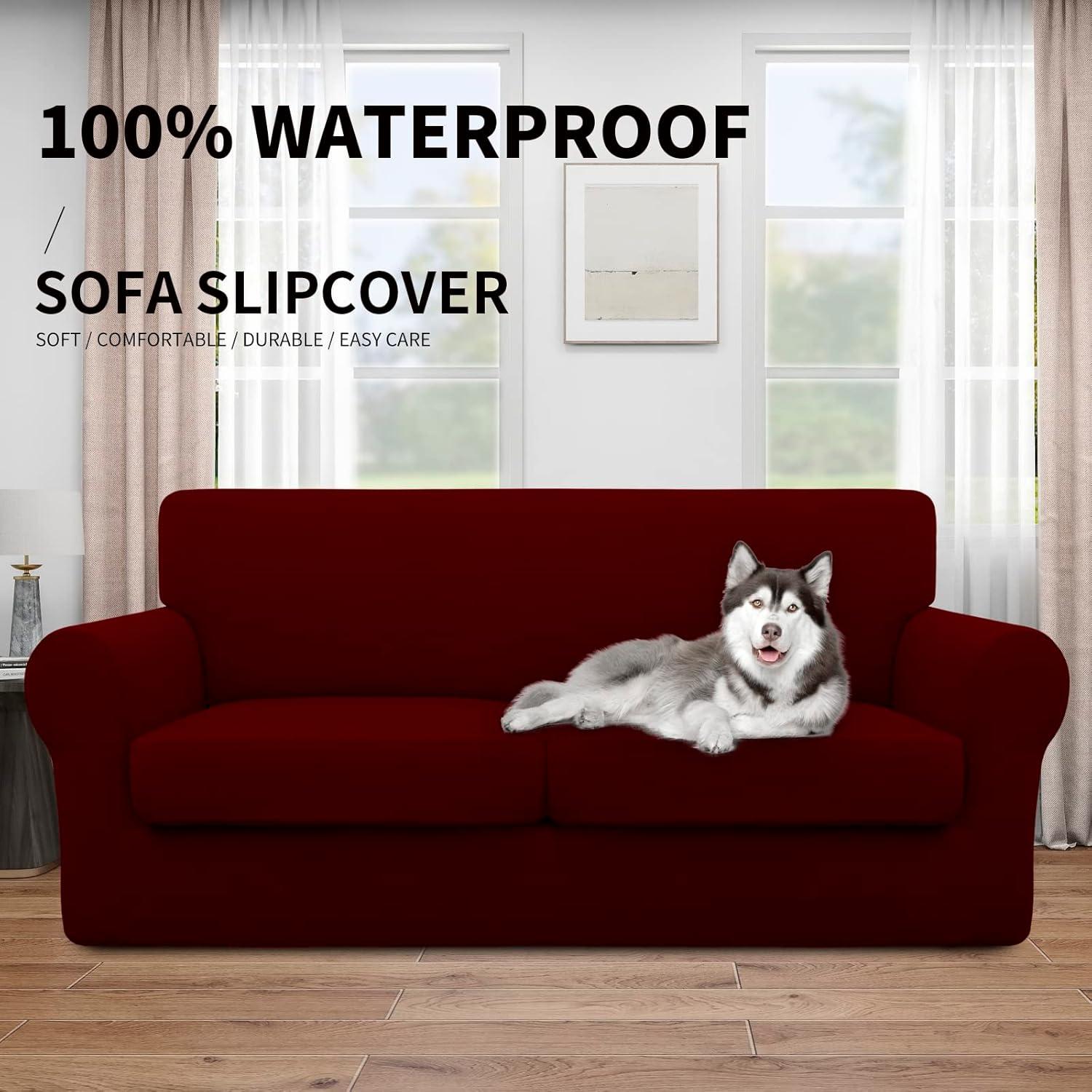image:imageEasyGoing 100 Dual Waterproof 2 Pieces Chair Cover Stretch Soft Couch Cover for Dogs Sofa Slipcover for 1 Separate Cushion Couch Leakproof Furniture Protector for Kids Pets Dark GrayWine