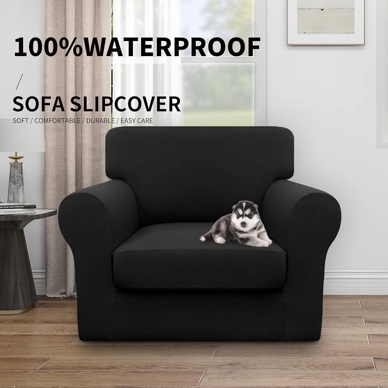 image:imageEasyGoing 100 Dual Waterproof 2 Pieces Chair Cover Stretch Soft Couch Cover for Dogs Sofa Slipcover for 1 Separate Cushion Couch Leakproof Furniture Protector for Kids Pets Dark GrayBlack