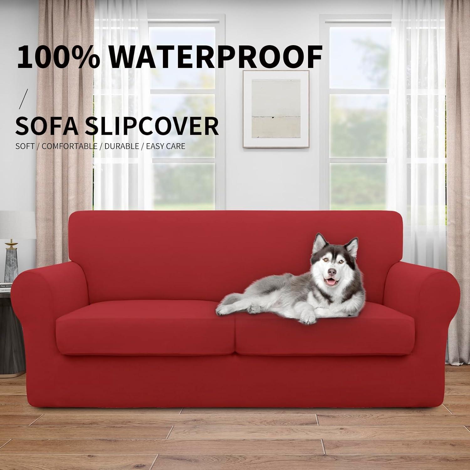 image:imageEasyGoing 100 Dual Waterproof 2 Pieces Chair Cover Stretch Soft Couch Cover for Dogs Sofa Slipcover for 1 Separate Cushion Couch Leakproof Furniture Protector for Kids Pets Dark GrayChristmas Red