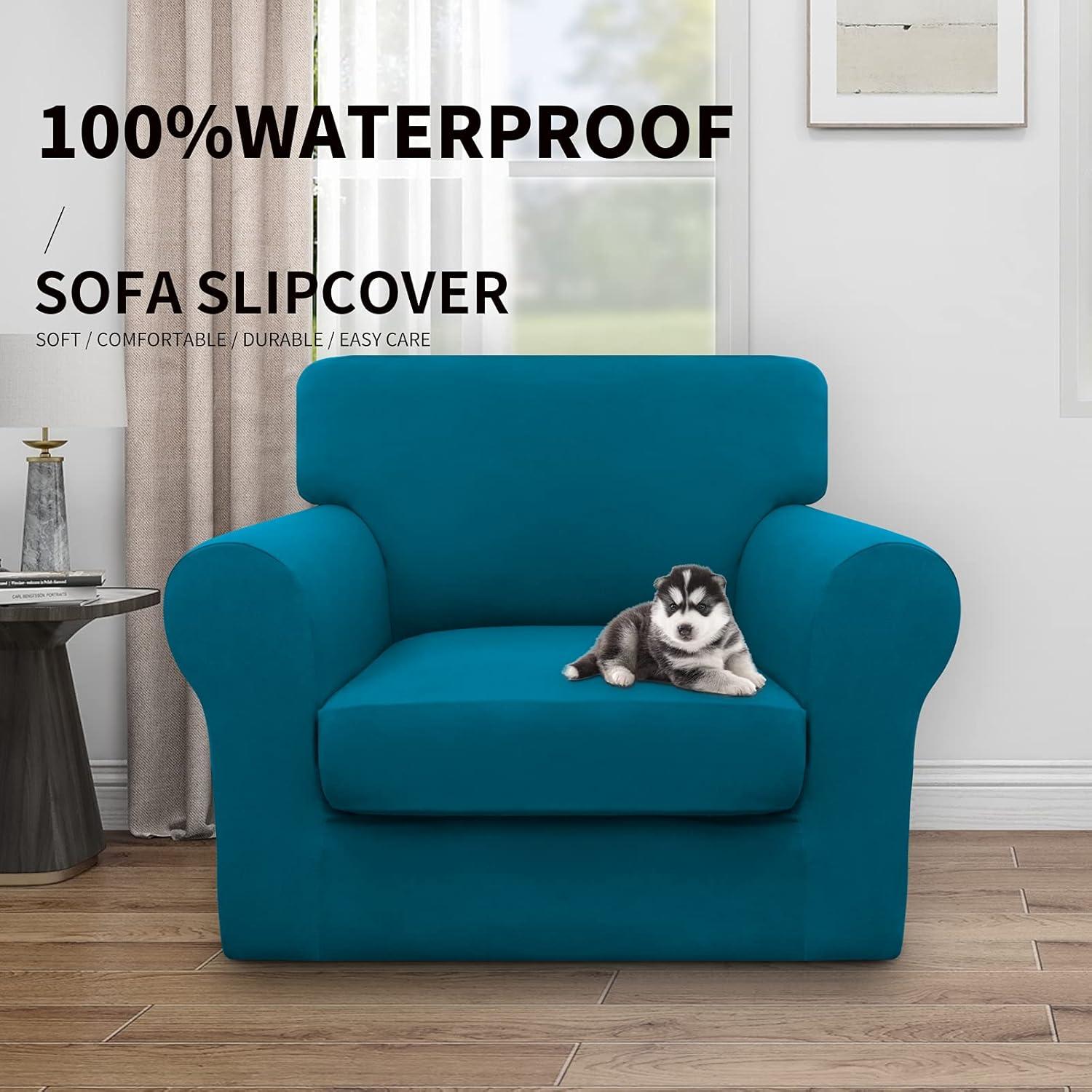 image:imageEasyGoing 100 Dual Waterproof 2 Pieces Chair Cover Stretch Soft Couch Cover for Dogs Sofa Slipcover for 1 Separate Cushion Couch Leakproof Furniture Protector for Kids Pets Dark GrayPeacock Blue