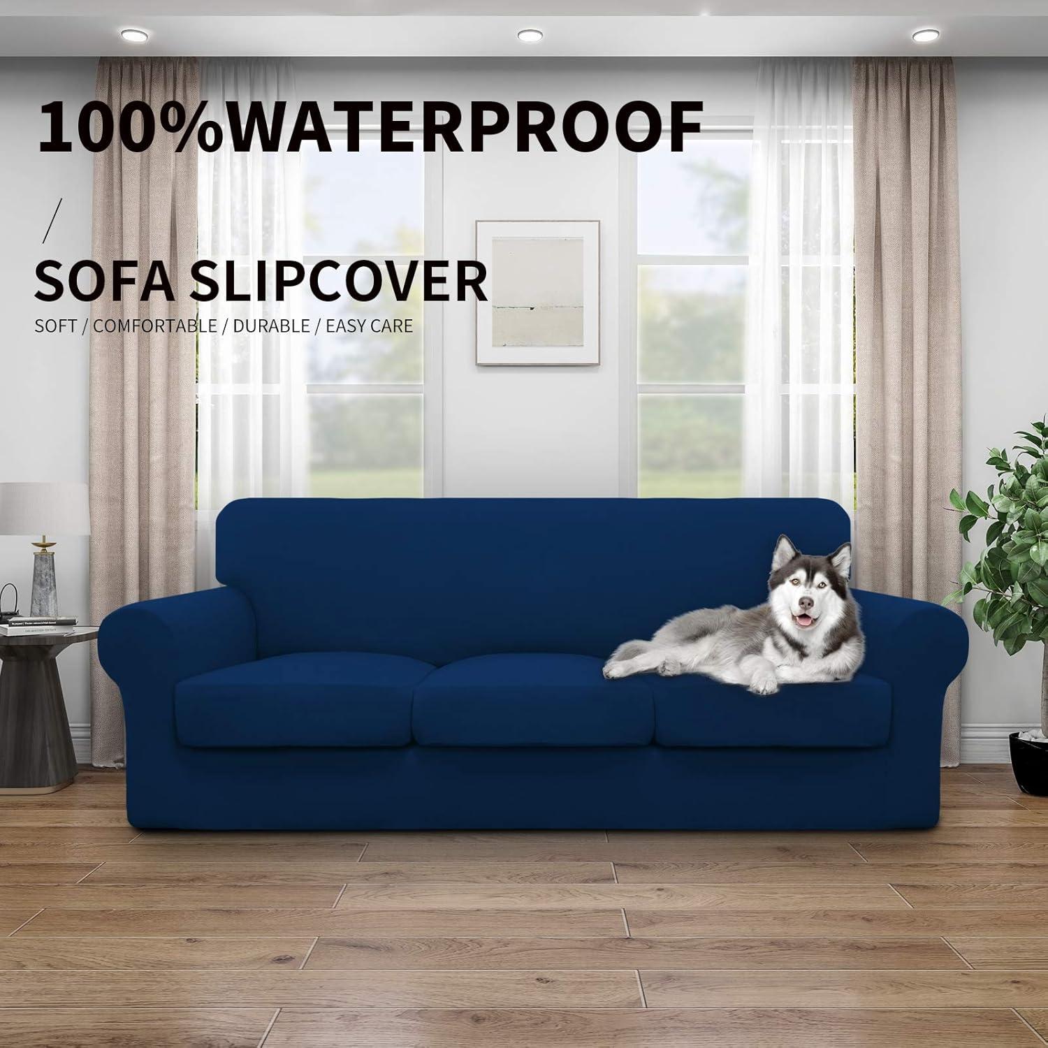 image:imageEasyGoing 100 Dual Waterproof 2 Pieces Chair Cover Stretch Soft Couch Cover for Dogs Sofa Slipcover for 1 Separate Cushion Couch Leakproof Furniture Protector for Kids Pets Dark GrayNavy