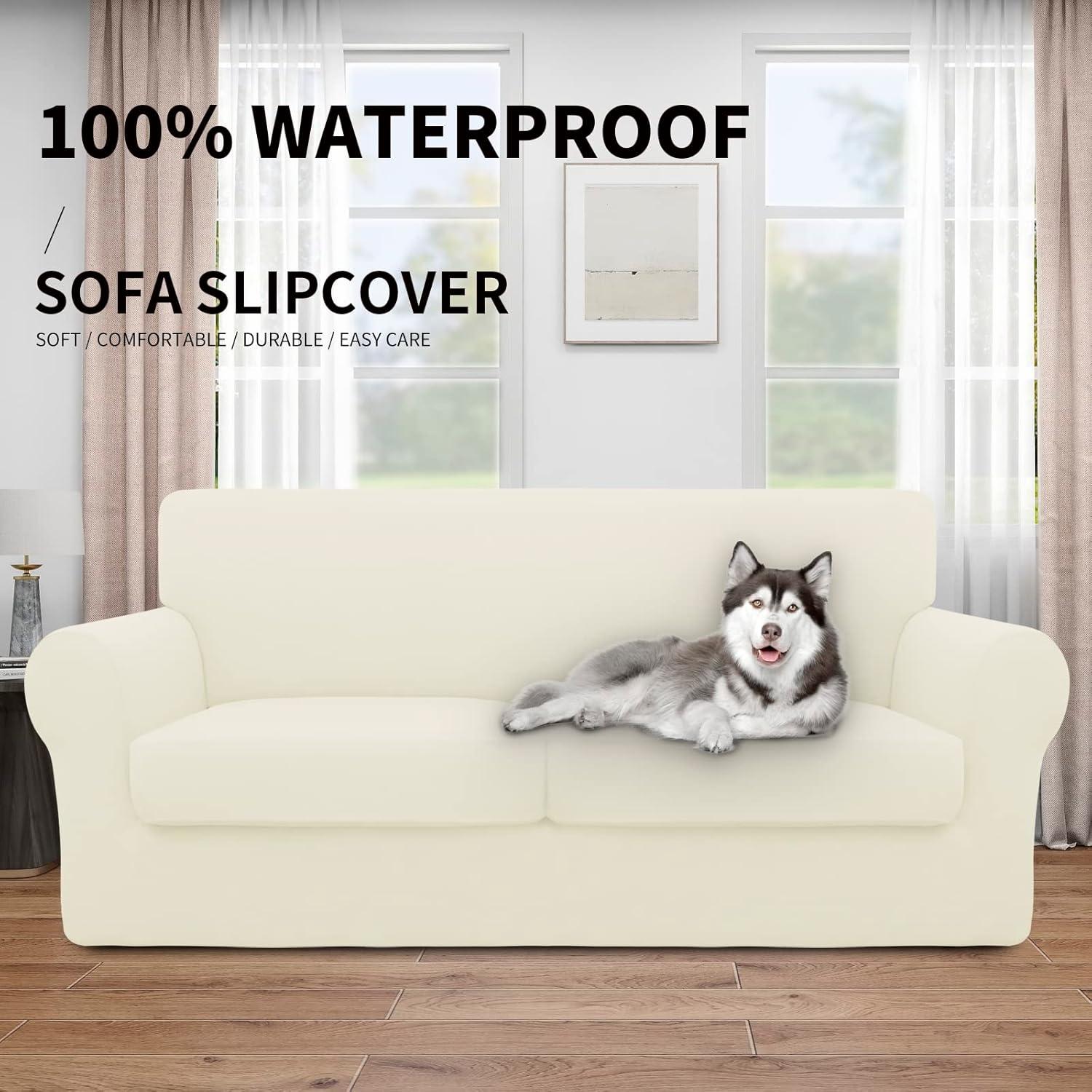 image:imageEasyGoing 100 Dual Waterproof 2 Pieces Chair Cover Stretch Soft Couch Cover for Dogs Sofa Slipcover for 1 Separate Cushion Couch Leakproof Furniture Protector for Kids Pets Dark GrayIvory
