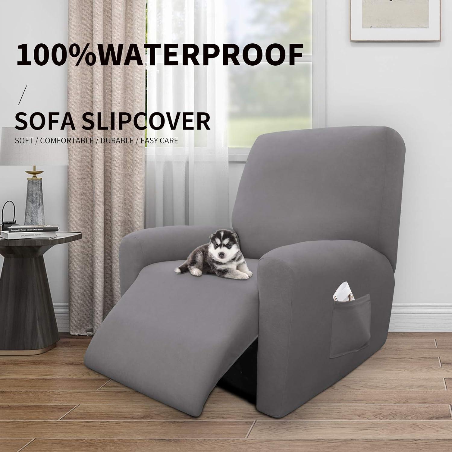 image:imageEasyGoing 100 Dual Waterproof 2 Pieces Chair Cover Stretch Soft Couch Cover for Dogs Sofa Slipcover for 1 Separate Cushion Couch Leakproof Furniture Protector for Kids Pets Dark GrayLight Gray