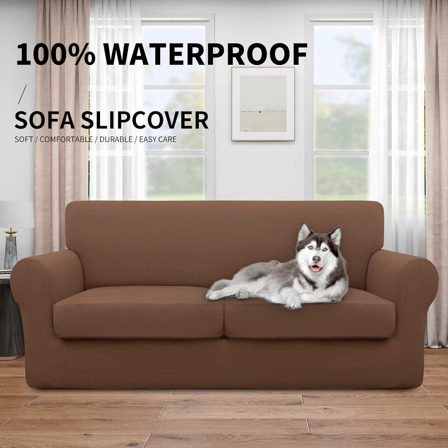 image:imageEasyGoing 100 Dual Waterproof 2 Pieces Chair Cover Stretch Soft Couch Cover for Dogs Sofa Slipcover for 1 Separate Cushion Couch Leakproof Furniture Protector for Kids Pets Dark GrayBrown