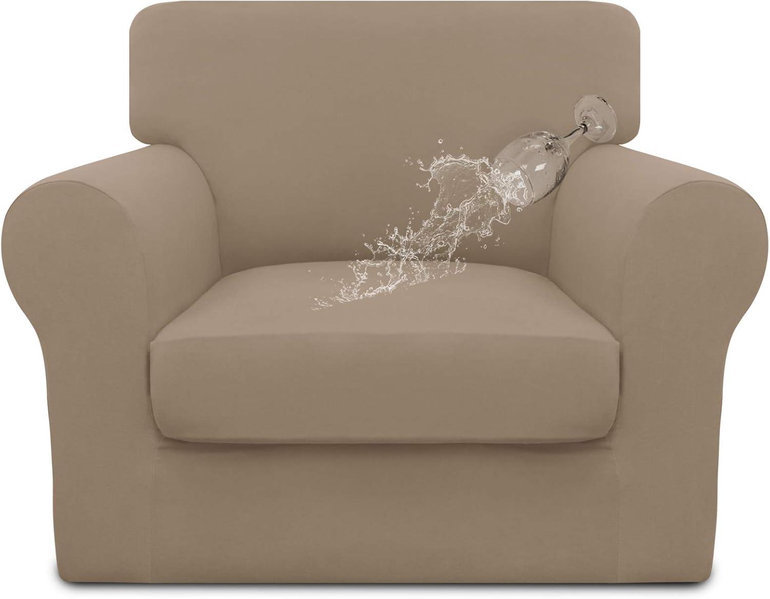 image:imageEasyGoing 100 Dual Waterproof 2 Pieces Chair Cover Stretch Soft Couch Cover for Dogs Sofa Slipcover for 1 Separate Cushion Couch Leakproof Furniture Protector for Kids Pets Dark GrayCamel