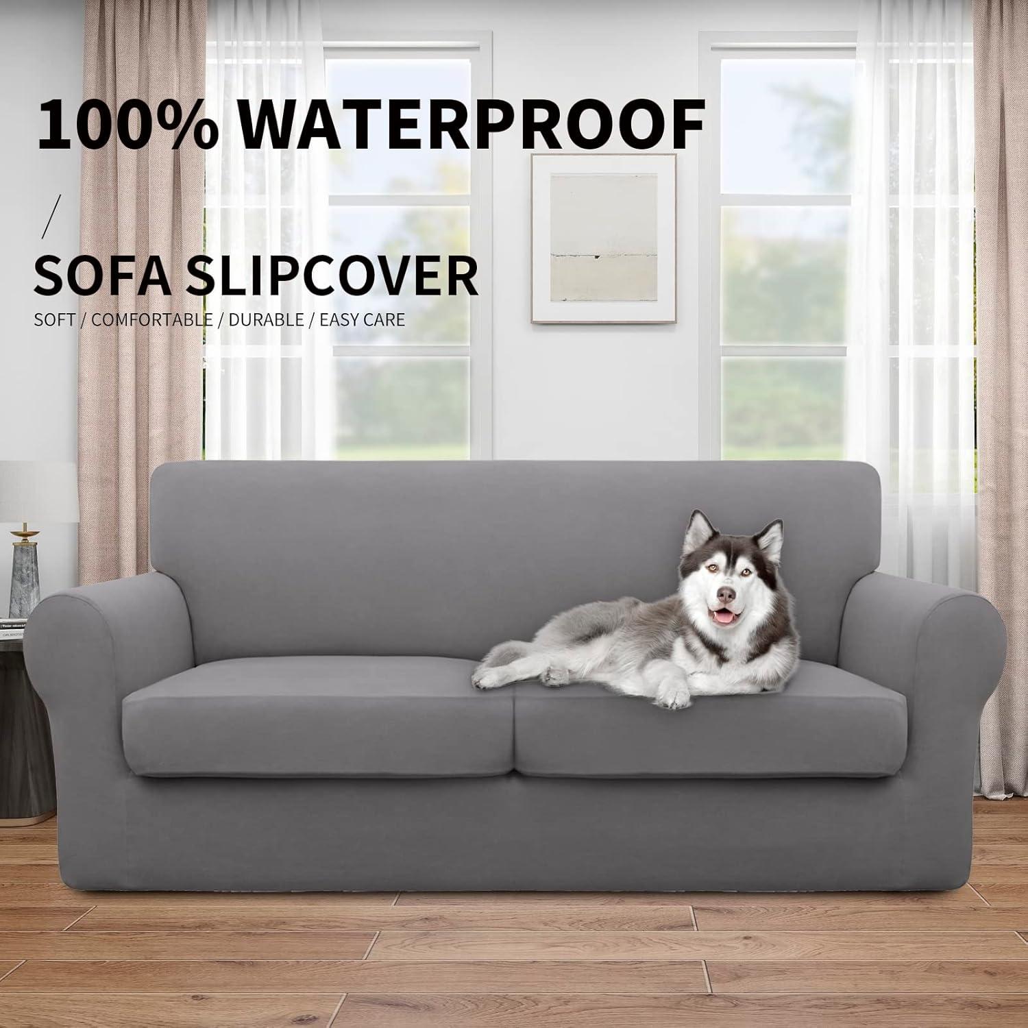 image:imageEasyGoing 100 Dual Waterproof 2 Pieces Chair Cover Stretch Soft Couch Cover for Dogs Sofa Slipcover for 1 Separate Cushion Couch Leakproof Furniture Protector for Kids Pets Dark GrayLight Gray