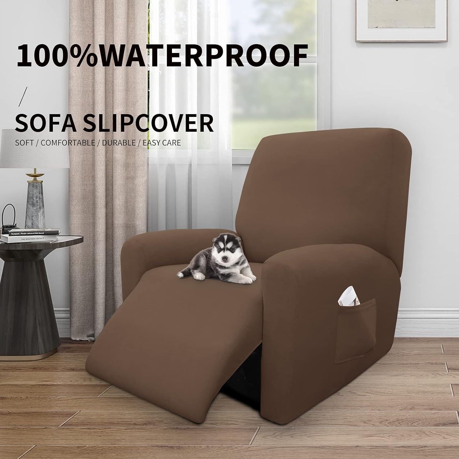 image:imageEasyGoing 100 Dual Waterproof 2 Pieces Chair Cover Stretch Soft Couch Cover for Dogs Sofa Slipcover for 1 Separate Cushion Couch Leakproof Furniture Protector for Kids Pets Dark GrayBrown