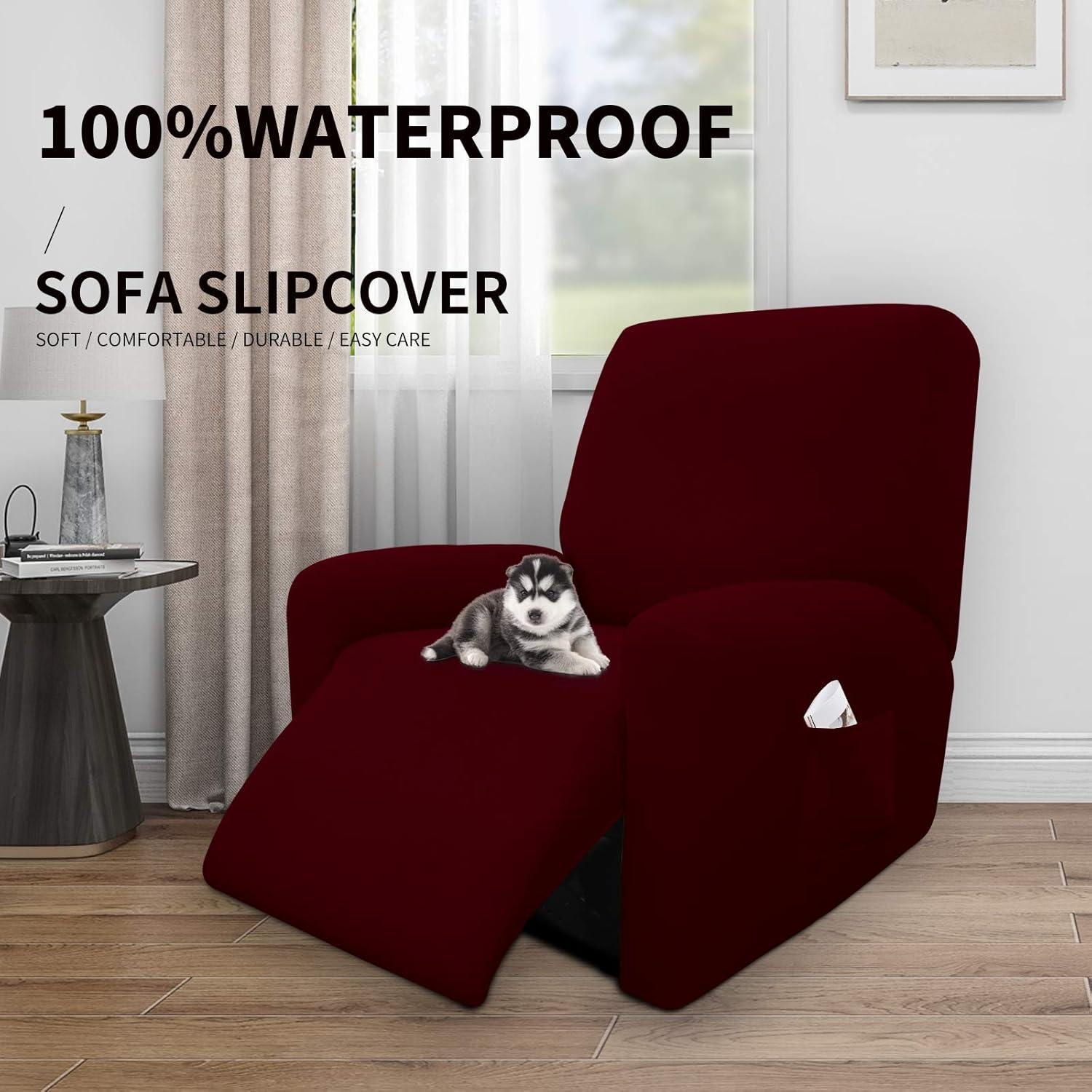 image:imageEasyGoing 100 Dual Waterproof 2 Pieces Chair Cover Stretch Soft Couch Cover for Dogs Sofa Slipcover for 1 Separate Cushion Couch Leakproof Furniture Protector for Kids Pets Dark GrayWine