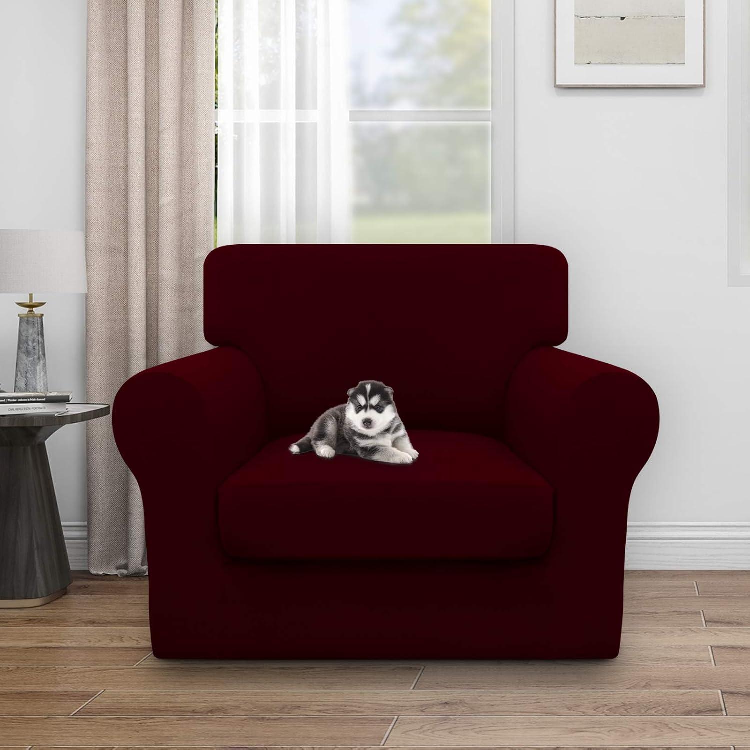 image:imageEasyGoing 100 Dual Waterproof 2 Pieces Chair Cover Stretch Soft Couch Cover for Dogs Sofa Slipcover for 1 Separate Cushion Couch Leakproof Furniture Protector for Kids Pets Dark GrayWine
