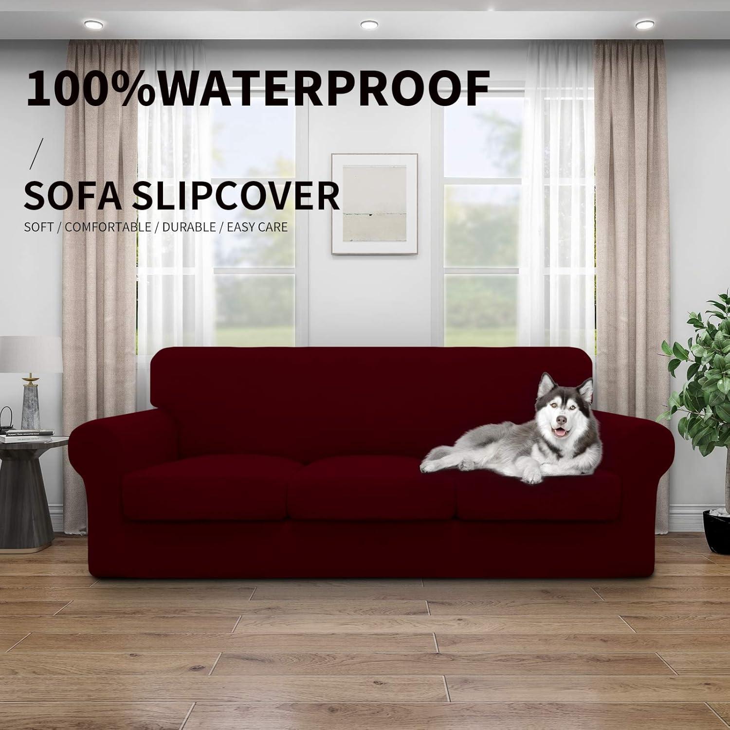 image:imageEasyGoing 100 Dual Waterproof 2 Pieces Chair Cover Stretch Soft Couch Cover for Dogs Sofa Slipcover for 1 Separate Cushion Couch Leakproof Furniture Protector for Kids Pets Dark GrayWine