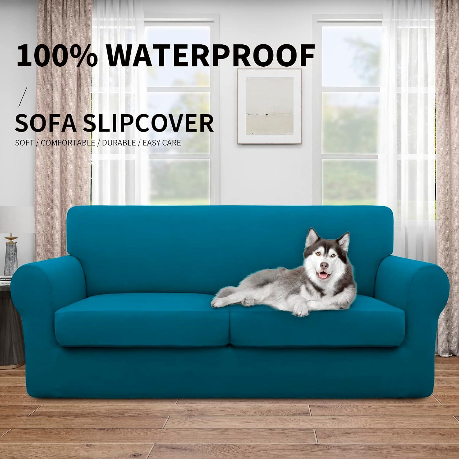 image:imageEasyGoing 100 Dual Waterproof 2 Pieces Chair Cover Stretch Soft Couch Cover for Dogs Sofa Slipcover for 1 Separate Cushion Couch Leakproof Furniture Protector for Kids Pets Dark GrayPeacock Blue