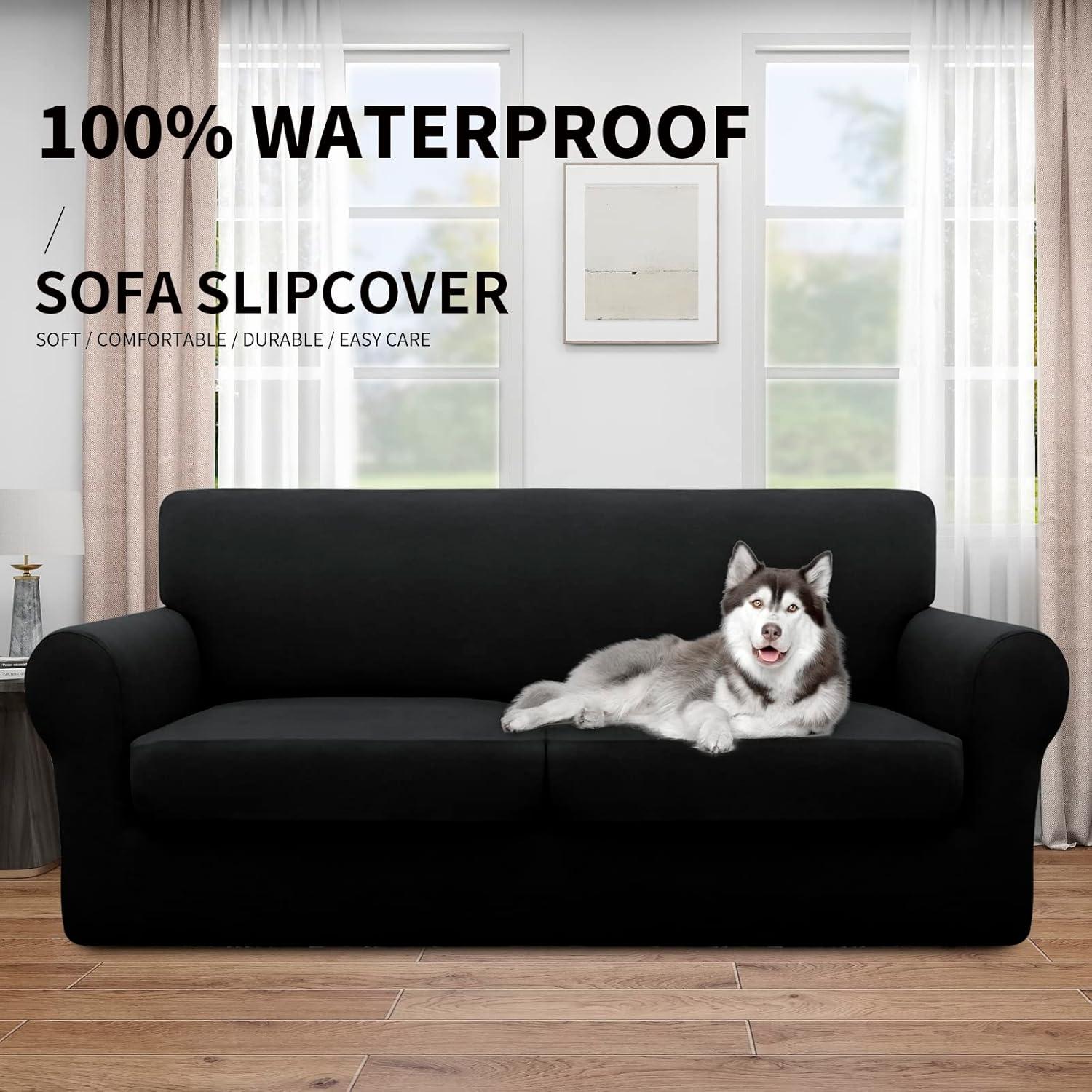 image:imageEasyGoing 100 Dual Waterproof 2 Pieces Chair Cover Stretch Soft Couch Cover for Dogs Sofa Slipcover for 1 Separate Cushion Couch Leakproof Furniture Protector for Kids Pets Dark GrayBlack