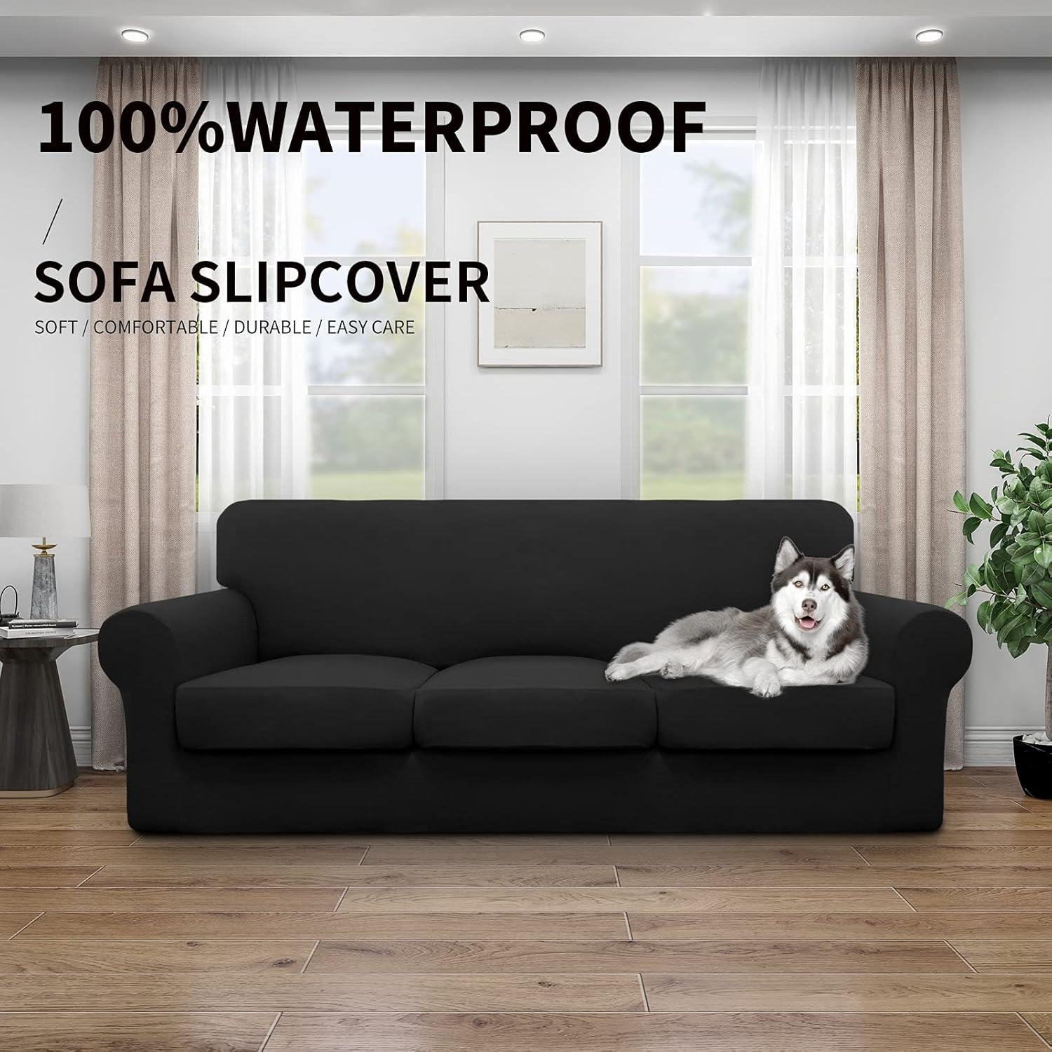 image:imageEasyGoing 100 Dual Waterproof 2 Pieces Chair Cover Stretch Soft Couch Cover for Dogs Sofa Slipcover for 1 Separate Cushion Couch Leakproof Furniture Protector for Kids Pets Dark GrayBlack